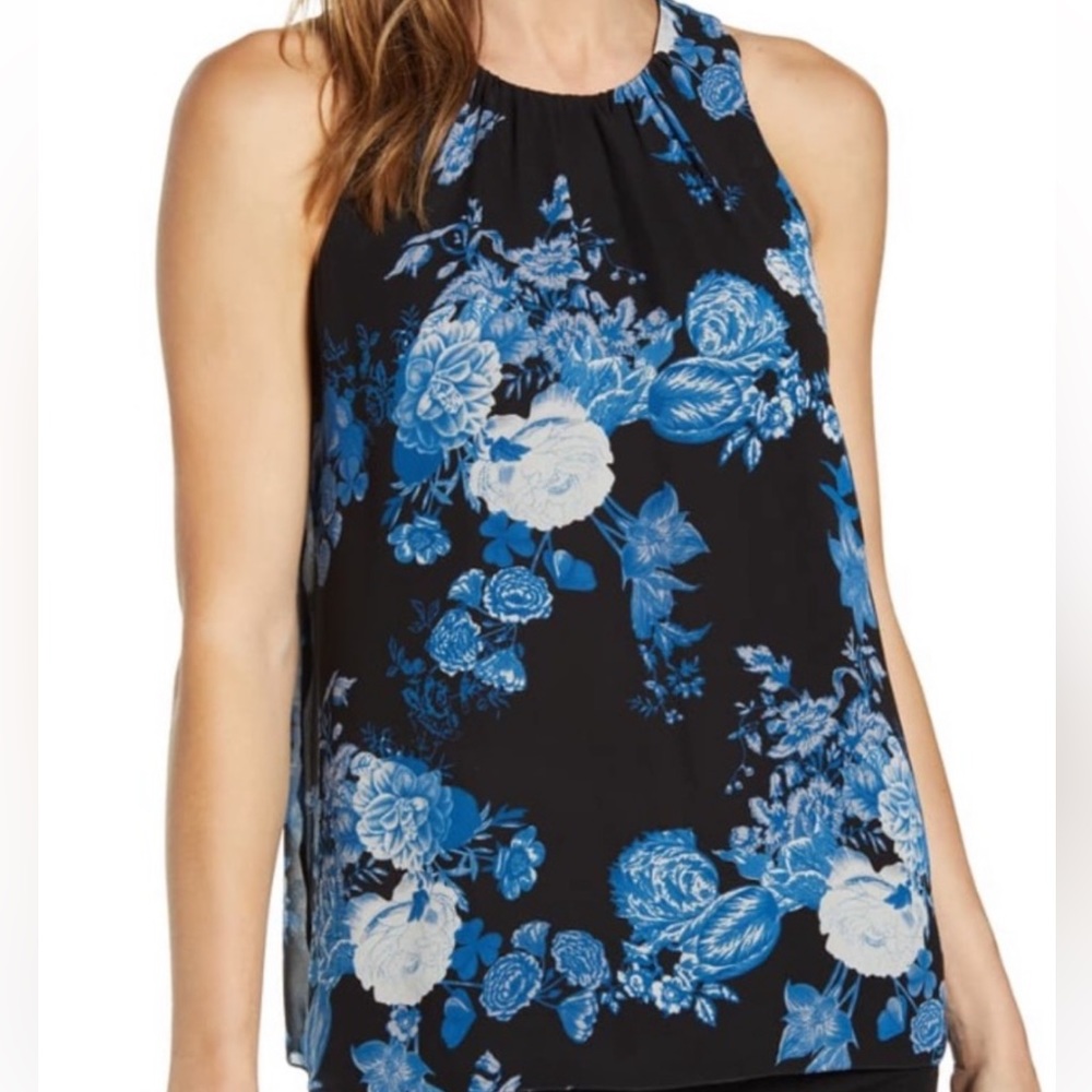 NWOT Vince Camuto Sleeveless Cabbage Rose Toile Chiffon Blouse, Black Size PM